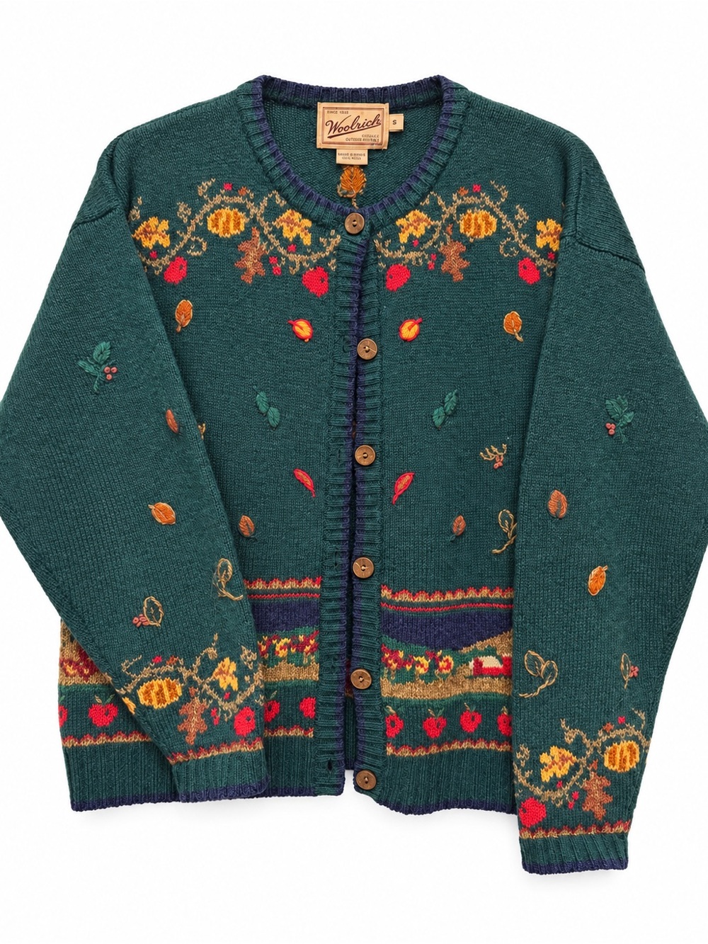 Woolrich Dark Teal Fair Isle Embroidered Wool Cardigan